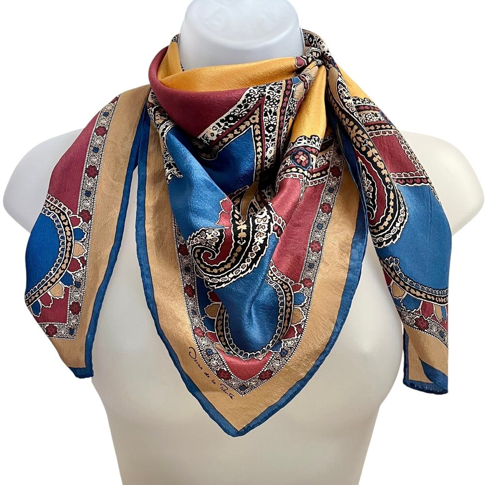 Oscar de la Renta Vintage Colorful Paisley Baroque Silk Charmeuse Square Scarf